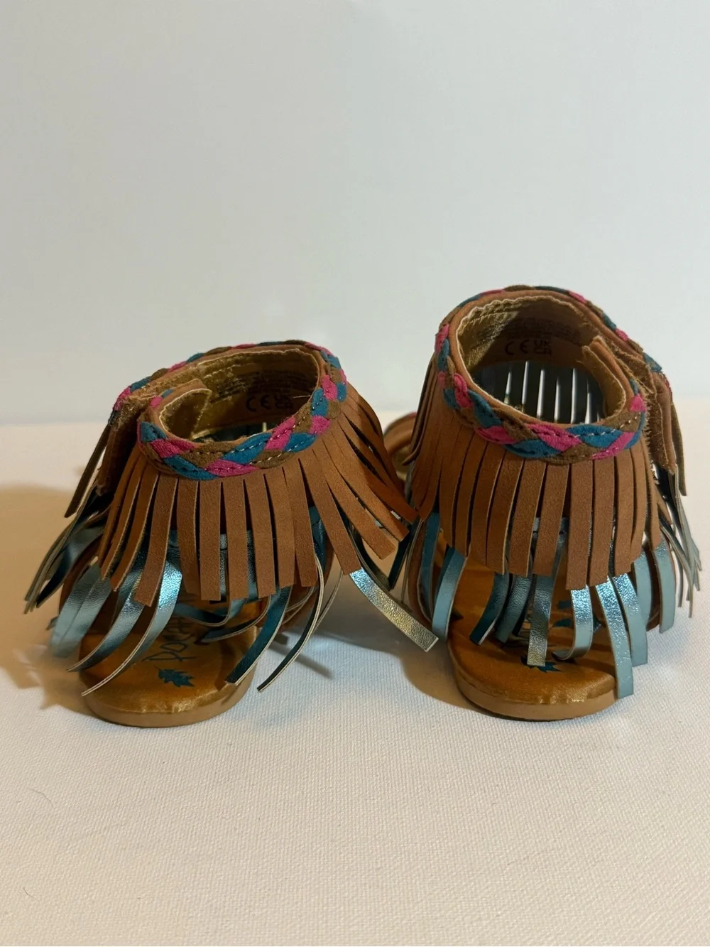Disney‎ Pocahontas Fringe Flat Sandals Velcro Strap Brown/Blue 13